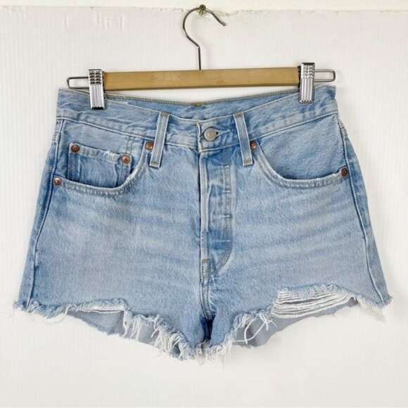 Levis 501 premium big E High Waisted raw hem Shorts 100% cotton faded 26 - Picture 2 of 11